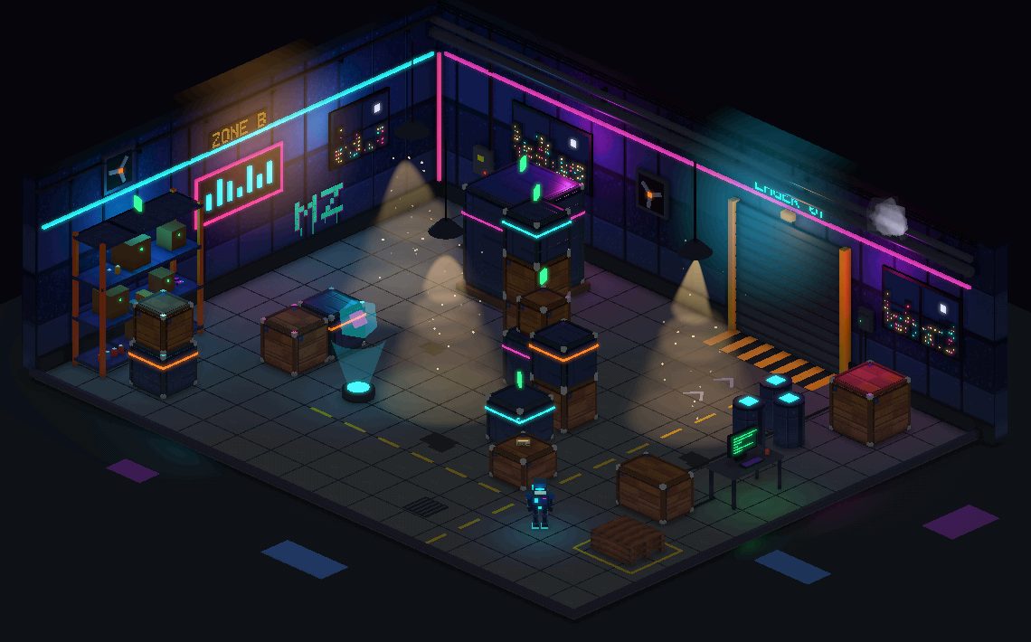 Isometrische Pixel-Art-Lagerhalle bei Nacht: Holzkisten, Regale, ein Rolltor und Neonstreifen in Cyan und Magenta, in der Mitte die Spielfigur